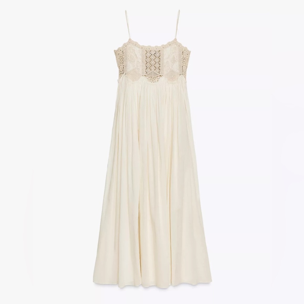 Zara Lace Panel Midi Dress Cream Ivory Boho Romantic Cottagecore Blogger NWT M